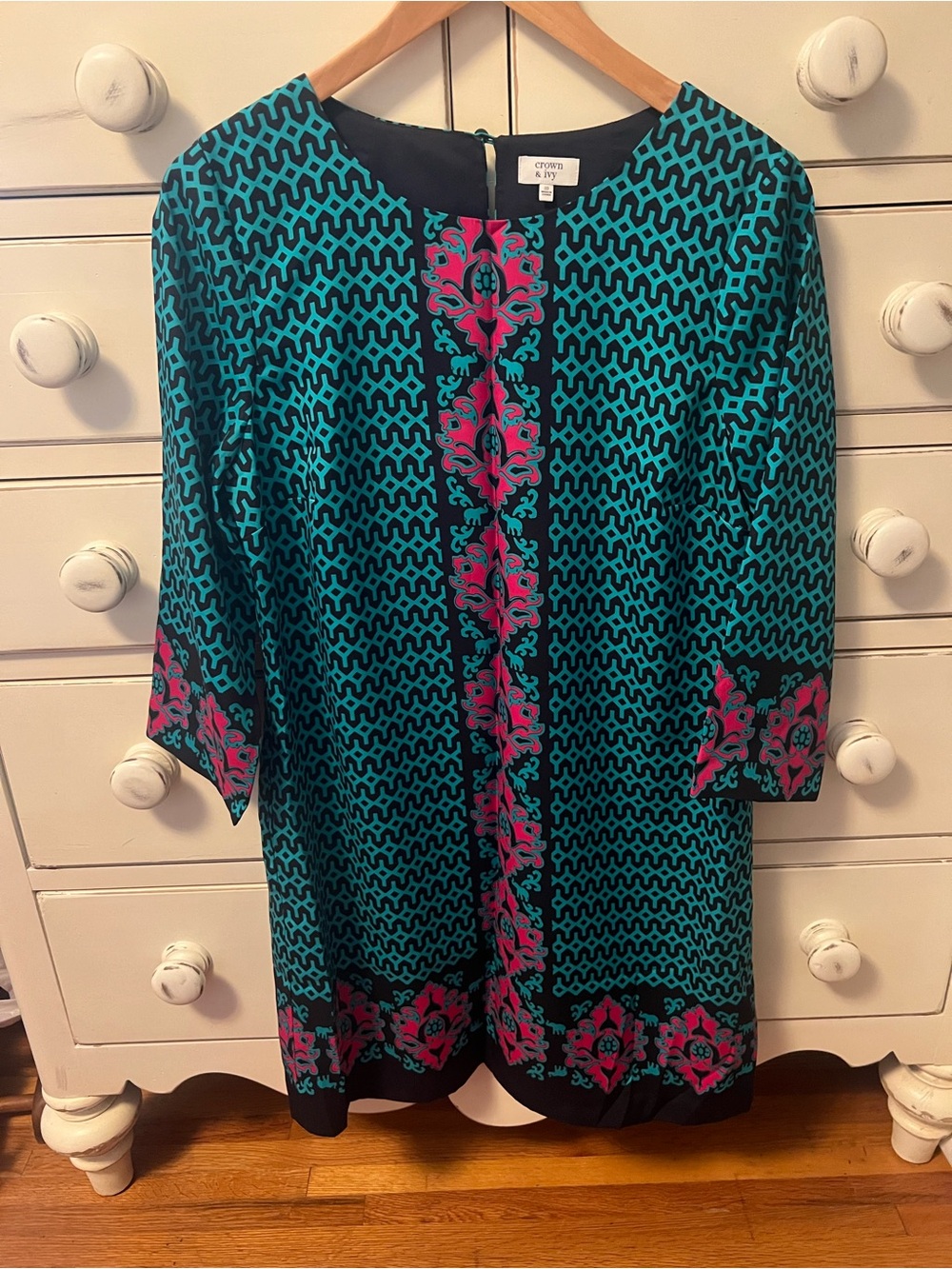 crown & ivy Teal and Magenta Patterned Midi Shift Dress